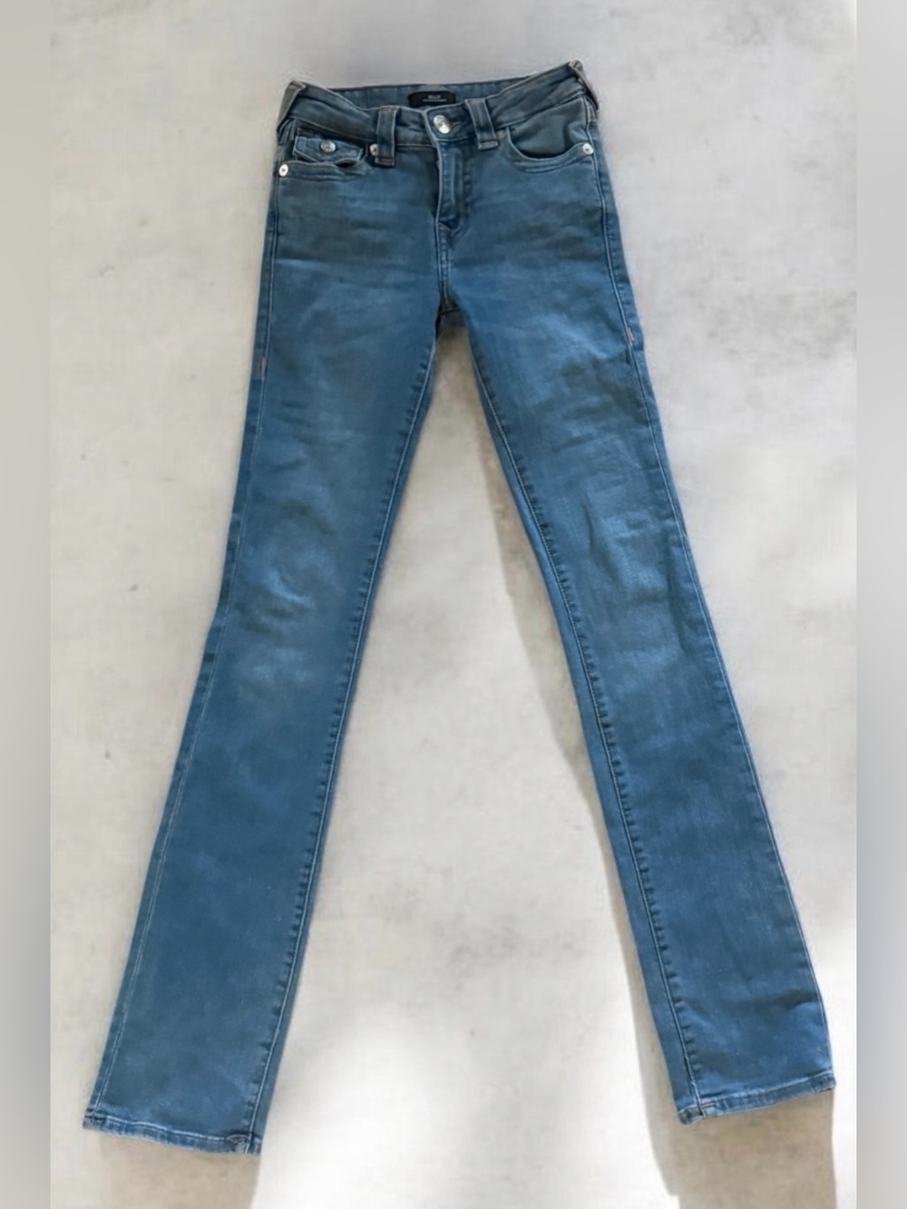 True Religion Billie Mid Rise Straight Jeans in Denim Blue with PINK 🌸 Stitching